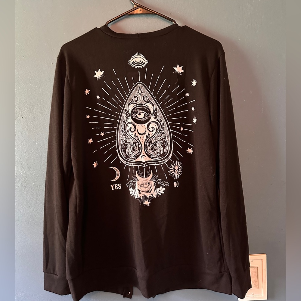 Midnight Hour black cardigan with Planchette design